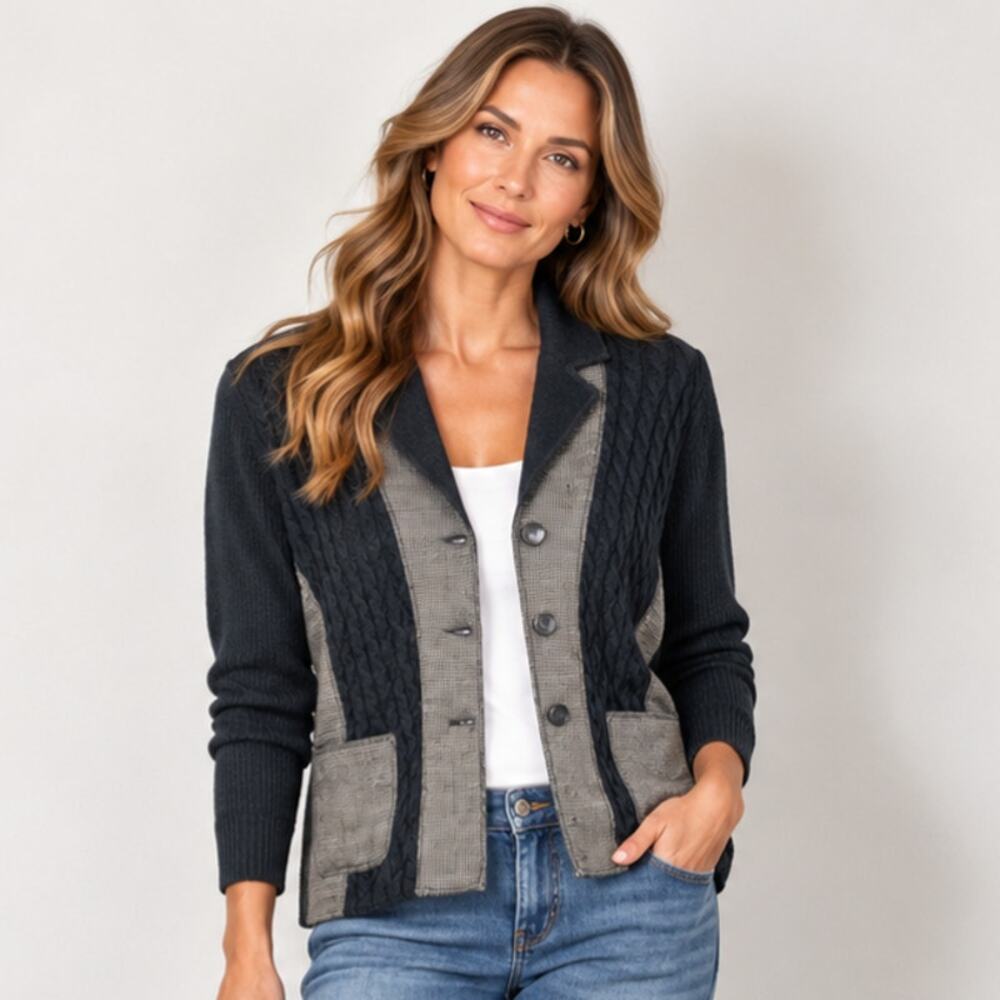 Anne Klein Cardigan Cable Knit Houndstooth Pockets Preppy Dark Academia Size M